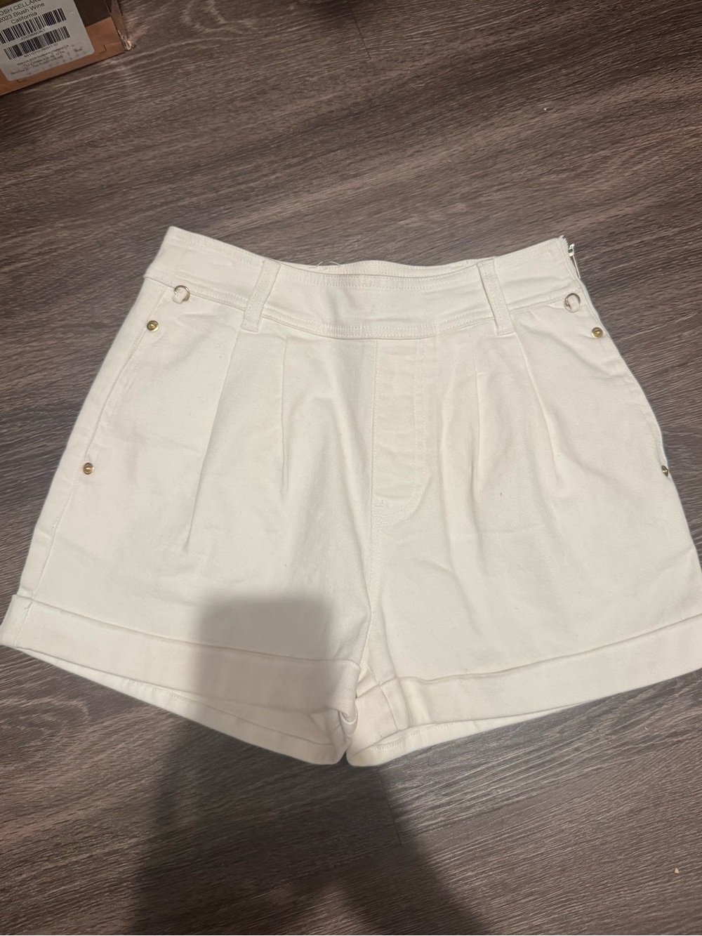 Generation Love Cream High-Waist Pleated Shorts with Gold Rivets